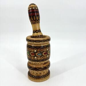 Vintage Wooden Turned Mortar & Pestle Primitive Farm Kitchen Tool Large Bulgaria